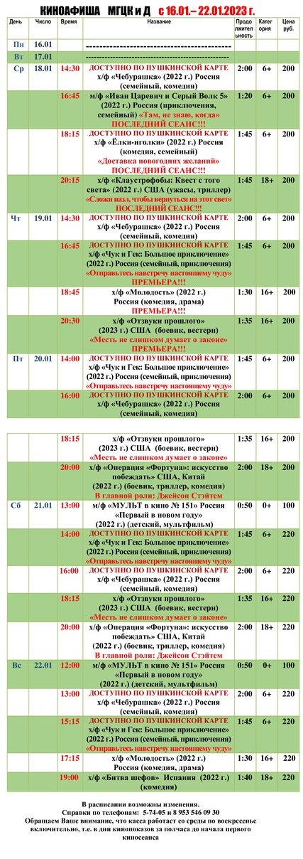Киноафиша МГЦКиД с 16.01. по 22.01.2023 г.