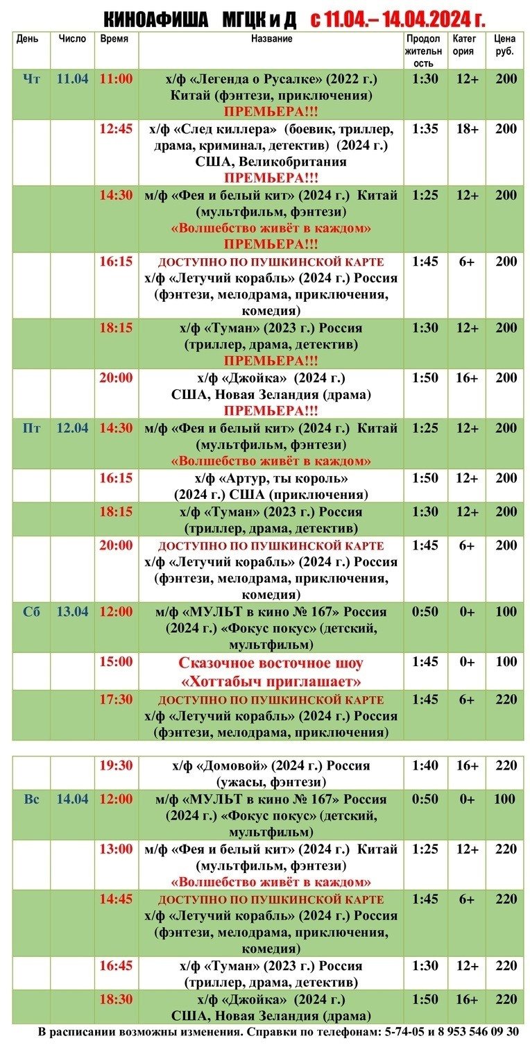 Киноафиша МГЦКиД с 11.04. по 14.04.2024 г.