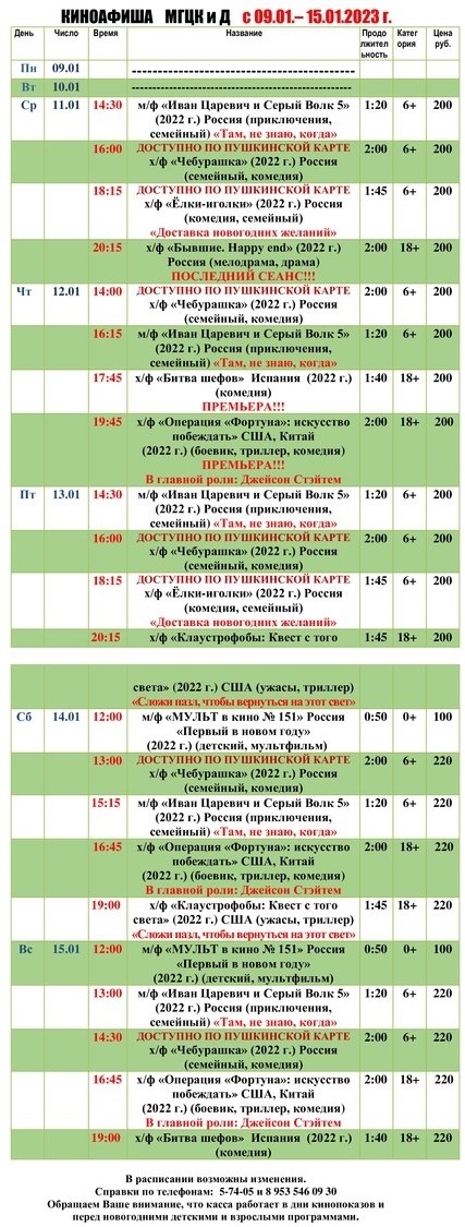Киноафиша МГЦКиД с 09.01. по 15.01.2023 г.